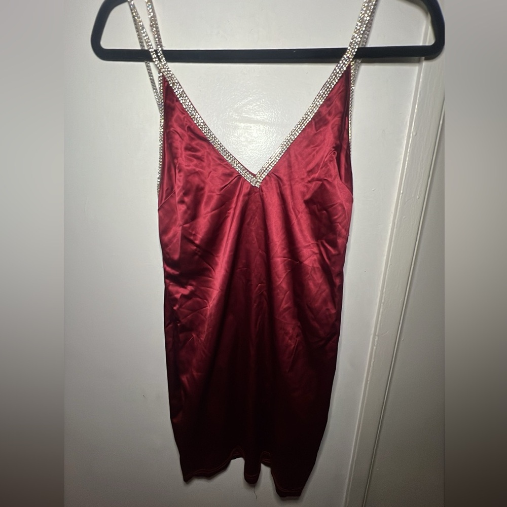 PrettyLittleThing Deep Red Satin Dress with Sparkling Straps